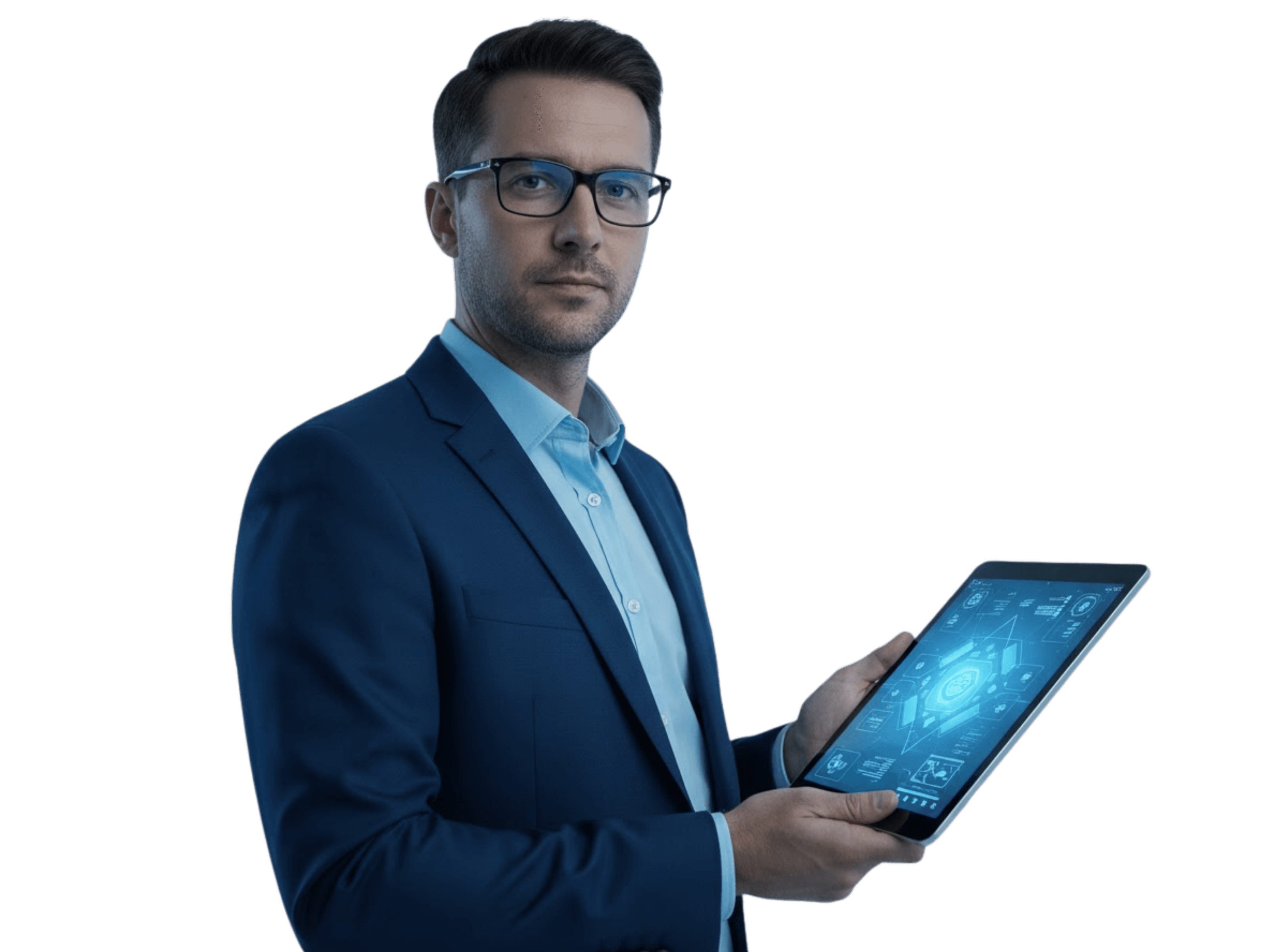 Homem bem apresentado segurando um tablet